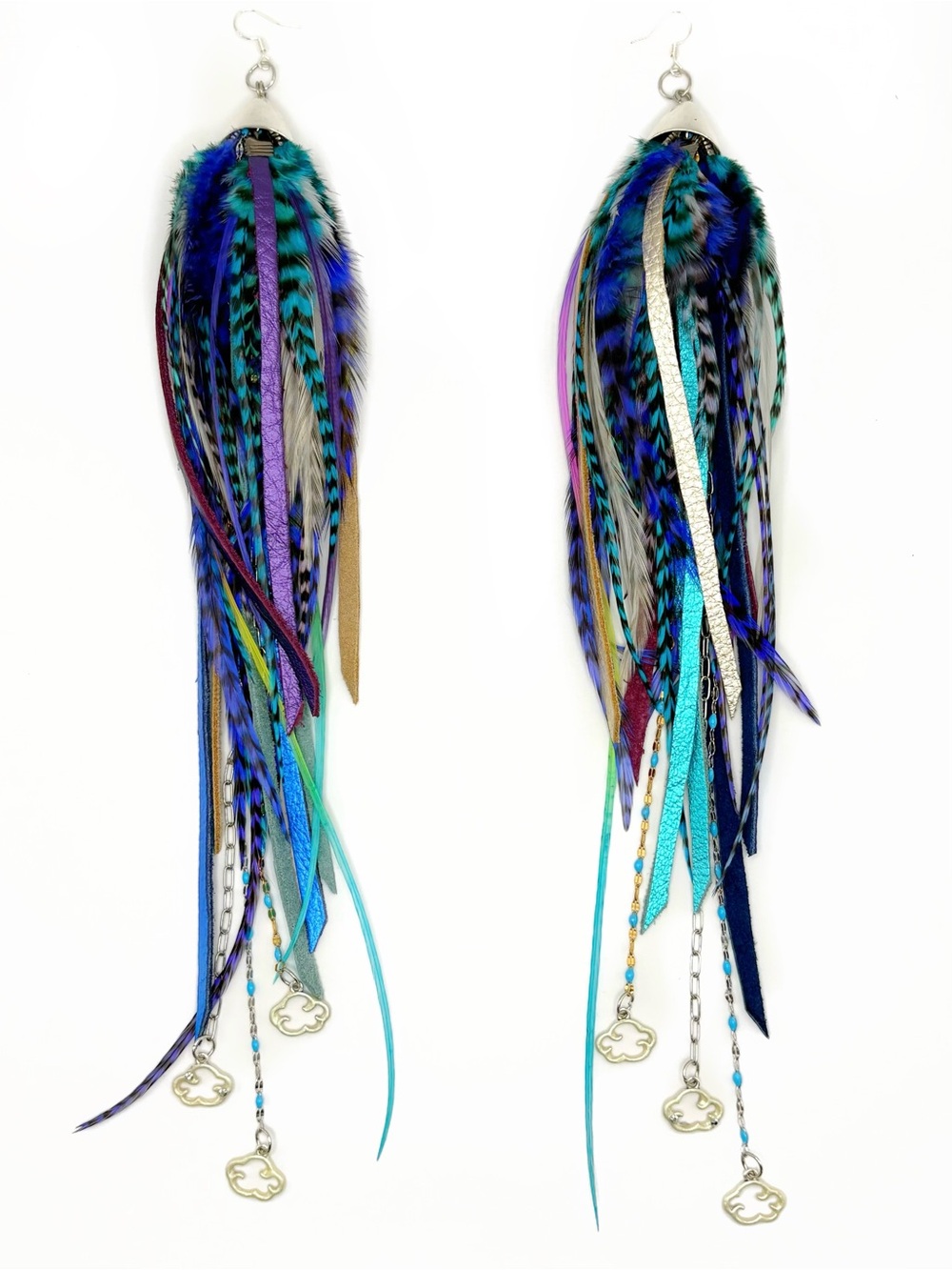 Boho Feather & Leather Earrings with silver chain & cloud pendants - Teal & Blue